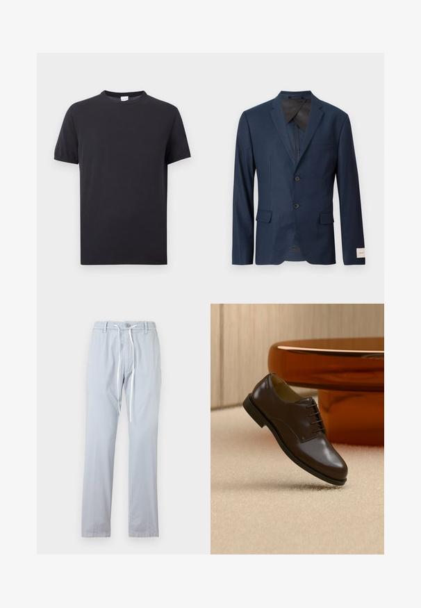 Blazer bleu marine à deux boutons, col cranté, poches à rabat à l'avant et une étiquette blanche sur le revers de la manche.; T-shirt noir uni à manches courtes avec un col rond, étiquette blanche à l'intérieur du col, présenté sur un fond gris clair.; Pantalon décontracté bleu clair avec cordon blanc, fermeture à bouton et passants pour ceinture, présenté sur un fond blanc uni.; Chaussure habillée à lacets en cuir brun foncé flottant au-dessus d'un tapis beige, avec une table ronde brillante de couleur ambre en arrière-plan.
