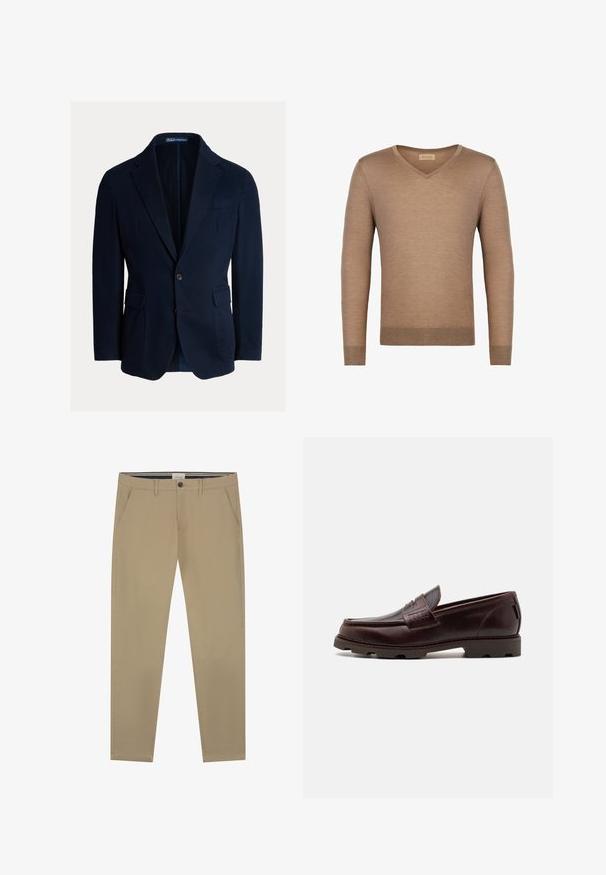 Mørkeblå blazer i bomuldsmateriale, med nedskårne revers, to forlommer og lukning med en enkelt knap, med en glat tekstur.; Brun v-hals sweater lavet af blødt strikmateriale; har lange ærmer og ribbede manchetter og kant for et tætsiddende look.; Beige chinos lavet af glat bomuld, med lige ben-design, en enkelt knaplukning og to sidelommer. Subtile syninger.; Brune læder loafer med en mokkasinstil overdel, tekstureret syning og en robust sål med multidirektionale dæk.