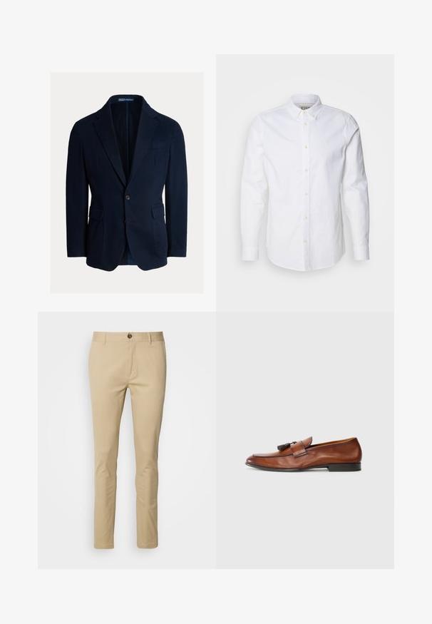 Blazer bleu marine en coton, doté de revers crantés, deux poches avant et d'une fermeture à un bouton, avec une texture lisse.; Chemise blanche à manches longues en coton, dotée d'un col structuré, d'une broderie de logo discrète et de boutons beige clair.; Chinos beige avec une coupe slim, en coton. Comprend une fermeture à bouton, des passants de ceinture et des détails de couture subtils sur les poches.; Mocassin en cuir marron avec détail de pampilles et talon bas noir, présenté de profil sur un fond blanc uni.