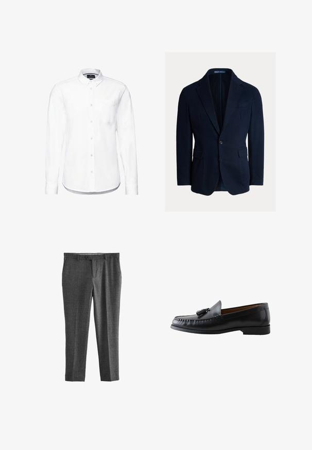 Marineblauw colbert van katoen, uitgevoerd met opgesneden revers, twee voorzakken en een enkele knoopsluiting, met een gladde textuur.; Witte blouse met lange mouwen van katoen, met een knoopsluiting kraag, een borstzak en een ronde zoom met geknoopte manchetten.; Grijze op maat gemaakte broek met een textuurstof, voorzien van een ritssluiting, zijzakken en een recht model. Geen zichtbare patronen of accenten.; Zwarte leren herensloffen met kwastjes, gestikte details, lage hak en een gladde gepolijste afwerking, gezien van opzij.