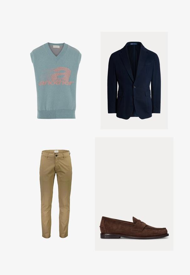 Blazer bleu marine en coton, doté de revers crantés, deux poches avant et d'une fermeture à un bouton, avec une texture lisse.; Veste tricotée sans manches bleu clair avec col en V, ourlet côtelé et texte graphique rose "another" avec un "a" stylisé sur le devant.; Lindbergh SUPERFLEX CHINO PANTS - Chino - deep sand; Mocassin penny en daim marron avec un petit talon et des coutures visibles le long de l'orteil, du côté et à l'arrière, présenté sur un fond clair uni.