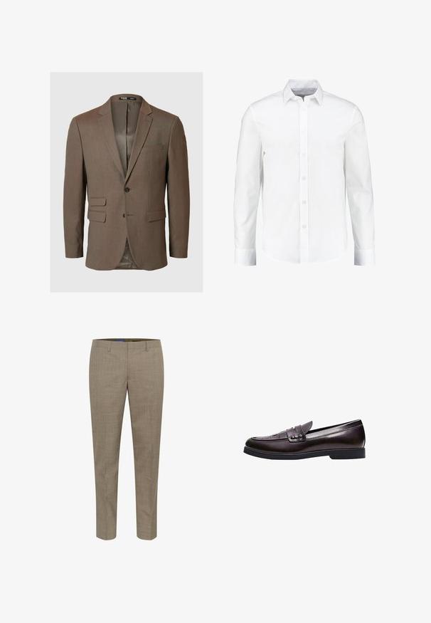 Brun blazer i tekstureret stof, enkeltknappet design, to forlommer og en notch-revers. Foret inderside, med to knapper.; Hvid langærmet skjorte med knapper lavet af glat bomuld. Har en klassisk krave og knaplukning foran med en lige nederkant.; Beige skræddersyede bukser med et subtilt ternet mønster, lige ben, forlommer og en glat stoftekstur.; Mørkebrun læderloafer med lav hæl, syninger på tåen og en dekorativ rem over vristen.
