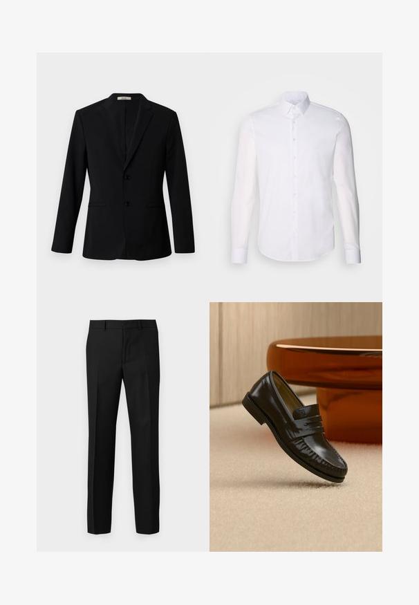 Blazer negro de tejido suave, con solapa con muesca, dos botones y bolsillos laterales; corte entallado con mangas largas.; Camisa blanca de manga larga y botones, hecha de algodón, que presenta un cuello clásico, botones en la parte delantera y un detalle de costura minimalista.; Pantalones negros de corte ajustado con una textura suave, que cuentan con un diseño de pierna recta, pliegues frontales y una cinturilla plana. Sin bolsillos visibles.; Mocasín de cuero negro brillante con detalle de correa, colocado sobre una alfombra beige cerca de una mesa de café redonda marrón en una habitación con iluminación suave.