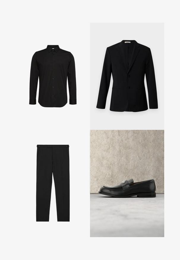 Zwarte blazer van gladde stof, met een puntrevers, twee knopen en zijzakken; tailored fit met lange mouwen.; Zwart lang shirt met lange mouwen van gladde stof, met een spitse kraag, knoopsluiting aan de voorkant en een klein logo op de borst.; Zwarte rechte broek met steekzakken en knoopdetails op de tailleband, plat liggend op een witte achtergrond.; Zwarte leren loafer met een metalen merktekenplaatje, rustend bij een bruine ronde tafel op een beige tapijtvloer.