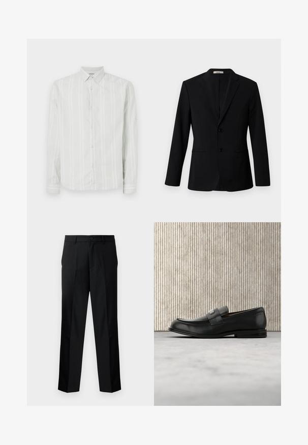 Schwarzer Blazer aus glattem Stoff, mit Reverskragen, zwei Knöpfen und seitlichen Taschen; taillierte Passform mit langen Ärmeln.; Hellgraues Langarmshirt mit weißen vertikalen Streifen, Knopfverschluss vorne und klassischem Kragen. Besitzt eine detailreiche Manschette an den Ärmeln.; Schwarze, maßgeschneiderte Hosen mit geradem Schnitt, ausgestattet mit einem Knopfverschluss, Reißverschluss und Gürtelschlaufen. Glatter Stoff mit seitlichen Taschen.; Schwarzer Lederloafer mit einer Metallmarkenplatte, der nahe einem braunen runden Tisch auf beigem Teppichboden ruht.