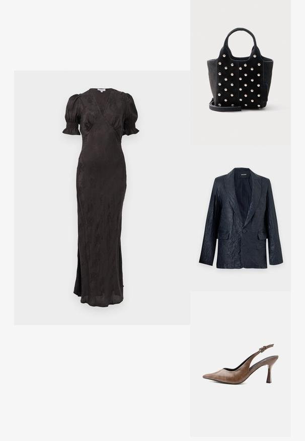 Sort krøllet læderblazer med hakkede revers, enkelt knaplukning og to forlommer med klap.; Sort kjole med omslagsdesign, korte pufærmer og stram silhuet. Har en tekstureret stofkvalitet og sidelæg for nem bevægelse.; Brun lædersandal med høj hæl, spids tå, justerbar rem med spænde og slank tilspidset hæl.; Sort ruskindstaske med runde sølvnitter, to korte håndtag og en aftagelig skulderrem på hvid baggrund.