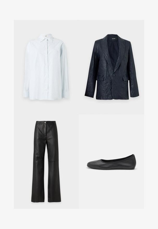 Čierny zvrásnený kožený blazer so zrezanými klopami, zapínaním na jeden gombík a dvoma prednými vreckami so záklopkou.; Svetlomodrá pruhovaná košeľa na gombíky vyrobená z látky s hladkou textúrou; má klasický golier a dlhé rukávy s gombíkovými manžetami.; Čierne vysoký pás nohavice z umelého kože so širokými nohavicami, zapínanie na gombík a zips a pútkami na opasok na jednoduchom svetlom pozadí.; Čierne kožené baleríny s okrúhlou špičkou, hladkým povrchom, minimálnym prešívaním a flexibilným dizajnom podrážky.
