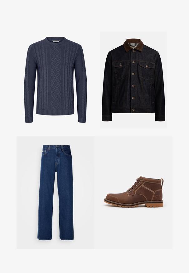 Donker denimjack met een bruine corduroy kraag, knoopsluiting aan de voorkant, twee borstzakken met kleppen en knopen, en zijzakken.; Navyblauwe gebreide trui met getextureerde kabelpatronen, ronde halslijn en geribbelde manchetten en onderkant. Gemaakt van zacht, duurzaam materiaal.; Donkerblauwe denim jeans met een wijdbeen ontwerp, voorzien van een knoopsluiting en klassieke vijf-pocket styling. De stof heeft een gladde textuur.; Bruine leren enkelboot met vetersluiting, gevoerde kraag en rubberen zool. Beschikt over contrasterende stiksels en een logo-detail op de hiel.