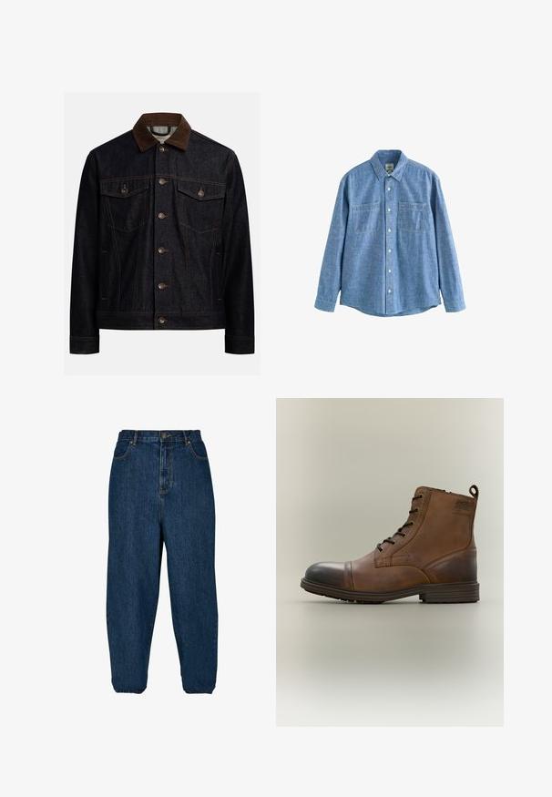 Donker denimjack met een bruine corduroy kraag, knoopsluiting aan de voorkant, twee borstzakken met kleppen en knopen, en zijzakken.; Blauw chambray overhemd met lange mouwen, knoopsluiting aan de voorkant en twee borstzakken, plat gelegd op een witte achtergrond.; Donkerblauwe spijkerbroek met een relaxed fit, hoge taille en elastische boorden. Voorzien van een knoopsluiting aan de voorkant en vijf zakken.; Bruine leren enkellaars met veters, zwarte neuskap, ronde zool en merkdetail aan de zijkant tegen een effen achtergrond.