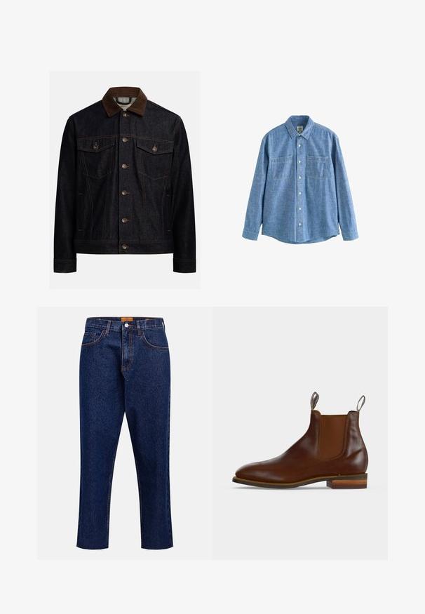 Mørk denimjakke med krave i brun fløjl, knaplukning foran, to brystlommer med klap og knapper samt sidelommer.; Langærmet blå chambray-skjorte med knaplukning foran og to brystlommer, lagt fladt på en hvid baggrund.; Mørkeblå denimjeans med lige snit, høj talje, fem lommer og frynset kant. Kontrastsyning og detalje med knaplukning.; Brun læder Chelsea-støvle med elastiske sider, trækflige foran og bagpå og stabelt træsål.