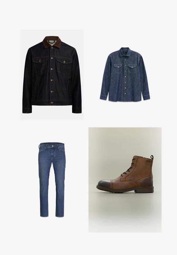Dunkle Jeansjacke mit braunem Cordkragen, Knopfleiste vorne, zwei Brustklappentaschen mit Knöpfen und Seitentaschen.; Dunkelblauses Jeanshemd mit langen Ärmeln und spitzem Kragen, zwei Brusttaschen und kontrastierenden Nähten. Verfügt über eine durchgehende Knopfleiste und einen klassischen Schnitt.; Herren Jeans aus blauem Denim mit geradem Bein, fünf Taschen und klassischem Knopf- und Reißverschluss.; Brauner Leder-Schnürstiefel bis zum Knöchel mit schwarzer Zehenkappe, runder Sohle und Markenlabel an der Seite vor schlichtem Hintergrund.