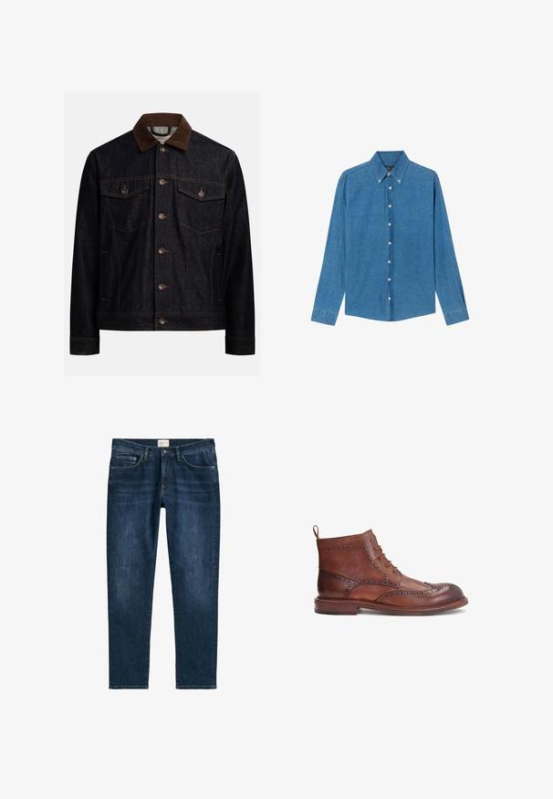 Donker denimjack met een bruine corduroy kraag, knoopsluiting aan de voorkant, twee borstzakken met kleppen en knopen, en zijzakken.; Blauwe denim shirt met een button-down kraag, lange mouwen en knopen aan de voorkant. De stof heeft een gestructureerde afwerking met een klassieke snit.; Donkerblauwe denim jeans met een rechte pijp, vijf zakken, riemlussen en subtiele vervaging. De stof heeft een gladde textuur.; Bruine leren laars met decoratieve brogue-details, ronde neus, veterontwerp en een lage gestapelde hak. Inclusief een achterste treklus.