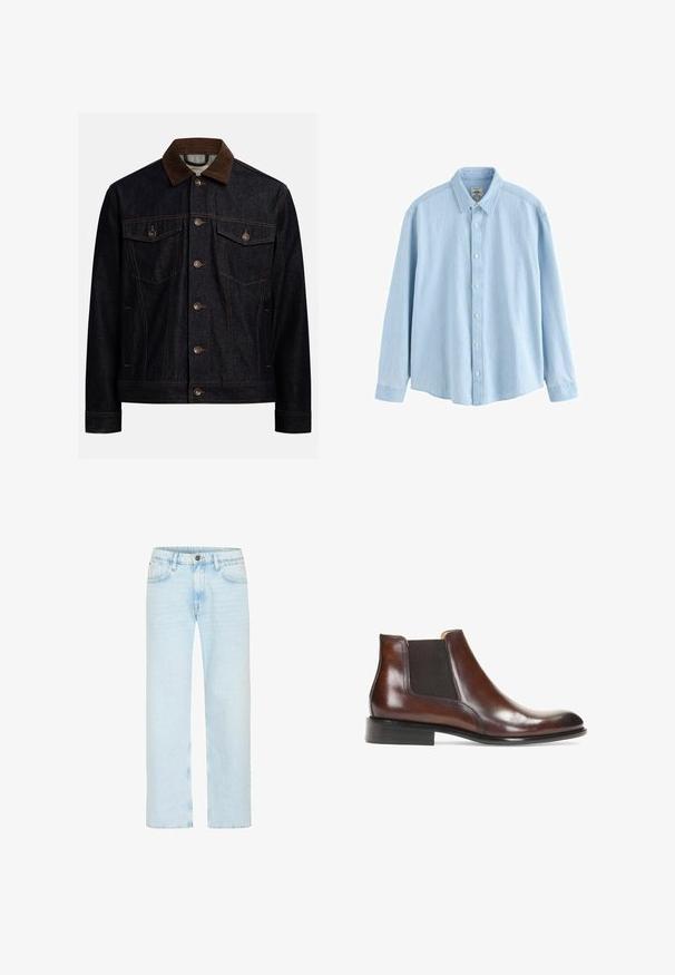 Chaqueta de mezclilla oscura con cuello de pana marrón, cierre frontal con botones, dos bolsillos con solapa y botón en el pecho, y bolsillos laterales.; Camisa de mezclilla azul claro de manga larga con botones y cuello, botones blancos, talla mediana, exhibida sobre un fondo blanco.; Los jeans de denim azul claro cuentan con un diseño de pierna recta, con un cierre de botón clásico, cinco bolsillos y un ligero desgastado para aportar textura.; Botín de cuero marrón hasta el tobillo con paneles laterales elásticos, un acabado suave, detalles de costura y un tacón rectangular bajo.