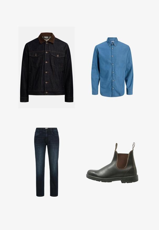Mørk denimjakke med krave i brun fløjl, knaplukning foran, to brystlommer med klap og knapper samt sidelommer.; Blå skjorte med knapper, lavet af denim, med krave og lange ærmer. Ensartet tekstur med synlige knapper ned ad fronten.; Mørk vaskede denimjeans med lige ben, der har fem lommer, knaplukning og subtil fading langs lårene.; Chelsea støvle lavet af glat sort læder med brune elastiske sidepaneler, kontrastsyet, og en struktureret gummisål.