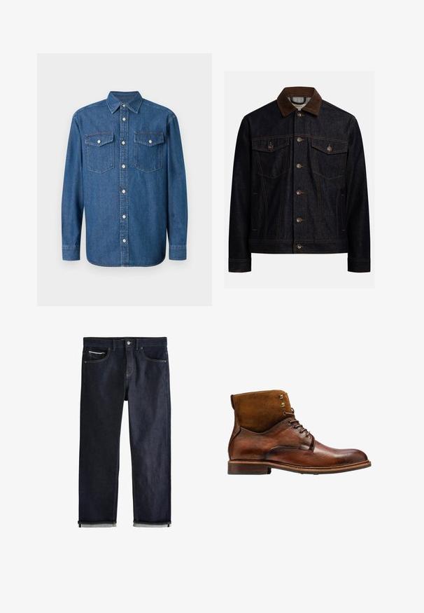 Donker denimjack met een bruine corduroy kraag, knoopsluiting aan de voorkant, twee borstzakken met kleppen en knopen, en zijzakken.; Denim overhemden met knopen in donkerblauw met een puntkraag, twee borstzakken en knoopsluiting. Heeft lange mouwen en een reguliere pasvorm.; Donkerblauwe spijkerbroek met een klassieke rechte pasvorm, voorzien van vijf zakken, een knoopsluiting en opgerolde boorden met een lichtblauwe voering.; Kazar ALID - Veterboots - brown