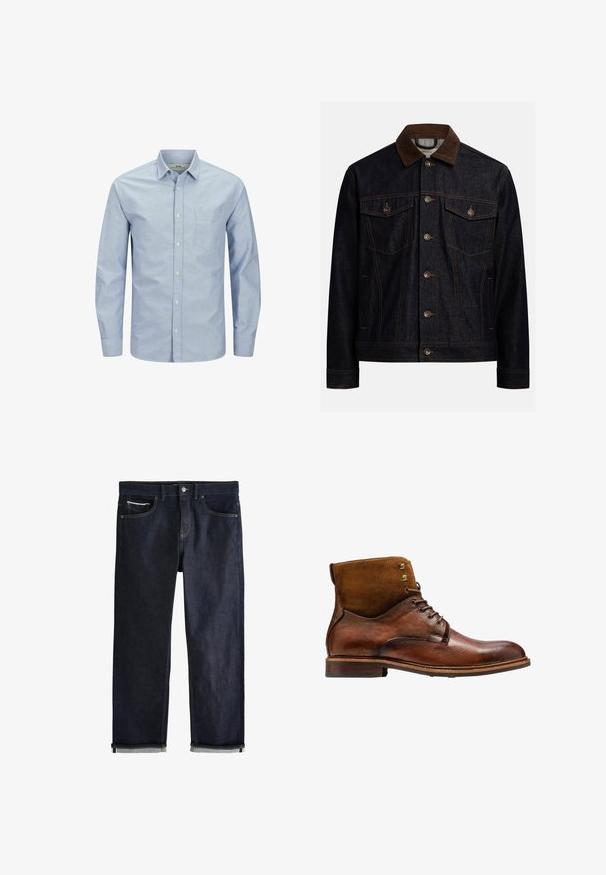 Dunkle Jeansjacke mit braunem Cordkragen, Knopfleiste vorne, zwei Brustklappentaschen mit Knöpfen und Seitentaschen.; Helles blaues Langarmhemd mit Knopfleiste und einer Tasche auf der linken Brustseite. Aus weichem Stoff mit glatter Textur und dezentem Logo-Detail gefertigt.; Dunkelblaue Jeans aus Denim mit klassischem geradem Schnitt, fünf Taschen, Knopfverschluss und umgeschlagenen Bündchen, die eine hellblaue Innenseite zeigen.; Kazar ALID - Schnürstiefelette - brown