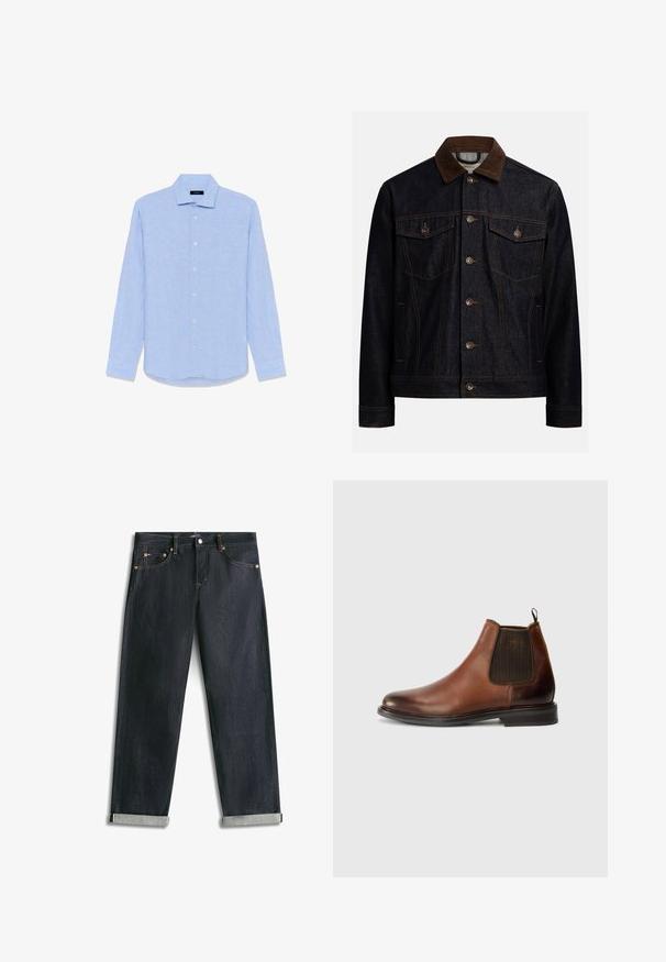 Mørk denimjakke med krave i brun fløjl, knaplukning foran, to brystlommer med klap og knapper samt sidelommer.; Lyseblå, langærmet skjorte med knapper, spids krave og hvide knapper, lagt fladt ud på en hvid baggrund.; Mørkeblå denimjeans med opsmøgede bukseben, fem lommer og kontrastsyning, lagt fladt på en hvid baggrund.; Brune læder Chelsea-støvle med elastisk sidepanel, rund tå og trækstrop, med en glat tekstur og kontrasterende mørkt panel.
