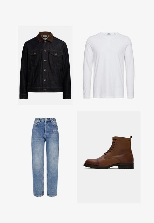 Veste en denim foncé avec col en velours côtelé marron, fermeture à boutons, deux poches poitrine à rabat avec boutons et poches latérales.; Chemise blanche à manches longues en coton avec un col rond, patte de boutonnage à cinq boutons et une texture lisse. Design simple et classique.; Jeans en denim bleu clair avec une taille haute, une coupe droite et des coutures contrastées. Présente un logo brodé à l'avant et cinq poches classiques.; Jack & Jones JFWSHAUN BOOT - Bottines à lacets - cognac