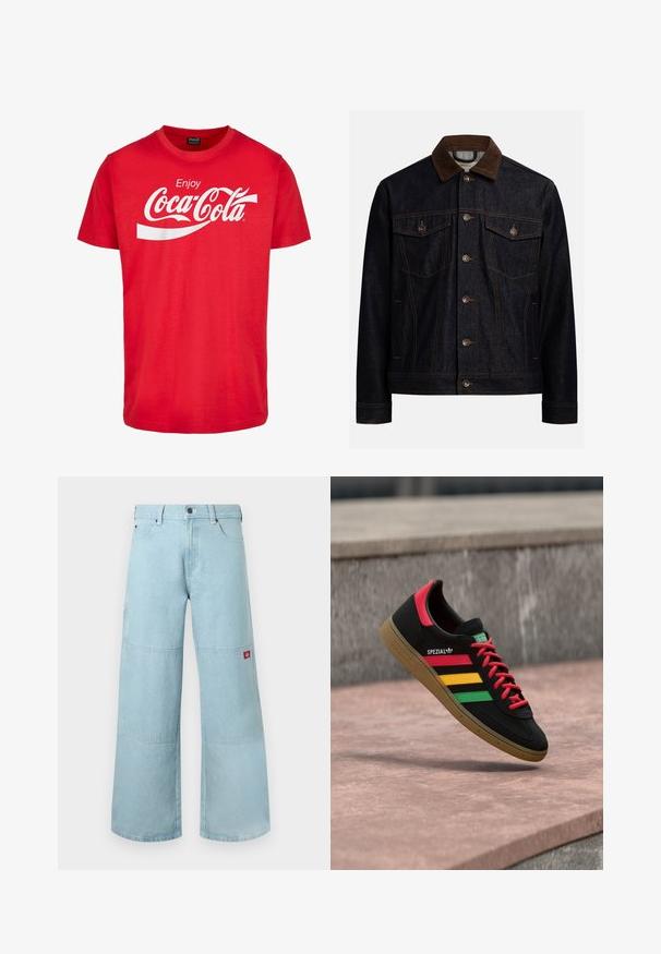 Donker denimjack met een bruine corduroy kraag, knoopsluiting aan de voorkant, twee borstzakken met kleppen en knopen, en zijzakken.; Rode katoenen T-shirt met korte mouwen, voorzien van een witte "Coca-Cola"-logo en een golvend ontwerp op de borst. Klassieke ronde halsstijl.; Lichtblauwe jeans met wijde pijpen van denim met contrasterende patches. Voorzien van een knoopsluiting aan de voorkant en een klein logoplaatje op het zijzakje.; Zwarte Adidas Spezial sneaker met rode, gele en groene strepen, rode veters, gumzool en een rode hieldetail, zwevend boven het trottoir.