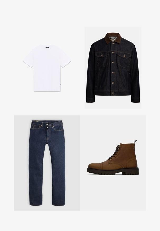 Donker denimjack met een bruine corduroy kraag, knoopsluiting aan de voorkant, twee borstzakken met kleppen en knopen, en zijzakken.; Witte T-shirt met korte mouwen en een ronde hals, plat liggend getoond van achteren, met een klein zwart label bij de hals en zijnaad.; Donkerblauwe recht gesneden spijkerbroek met knoopsluiting, voor- en achterzakken en contrasterende stiksels, plat gelegd op een lichte achtergrond.; Bruine leren veterschoenen tot de enkel met dikke zwarte profielzool en een trekband op een witte achtergrond.