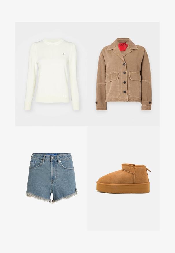 Brun knappet jakke med to forlommer med klap, lange ærmer med knapmanchetter og bred krave på hvid baggrund.; Lyscreme sweater, strikket tekstur, crew neck, lange ærmer, ribbede manchetter og søm. Diskret logodetalje på brystet.; Denim shorts i lys blå med en rå kant med frynser, fem lommer og bæltestropper. Designet med en frontknaplukning.; Brune suede ankelstøvler med en rund tå, lav skæring, og en tekstureret gummisål med en lille platform og et hængsel.
