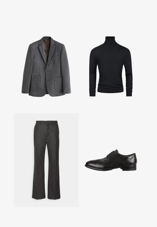 Ein-Knopf grauer Fischgrät-Wollblazer mit Stegkragen, drei Vordertaschen und dunkelbraunem Innenfutter.; Schwarzer Rollkragenpullover mit langen Ärmeln, aus glattem Strickstoff gefertigt, mit gerippten Bündchen und Saum für eine taillierte Optik.; forét Stoffhose - dark grey; Schwarze Leder-Dressschuhe mit glatter Oberfläche, runder Zehenform, Schnürdesign und niedrigem, gestapeltem Absatz. Dezente Nähte sind sichtbar.