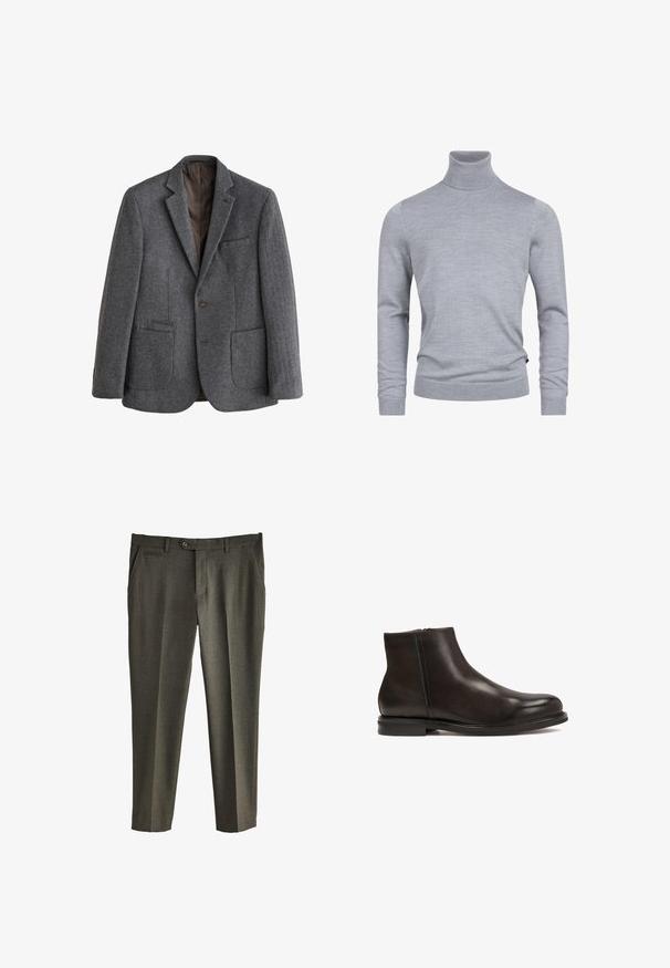 Ein-Knopf grauer Fischgrät-Wollblazer mit Stegkragen, drei Vordertaschen und dunkelbraunem Innenfutter.; Grauer Rollkragenpullover aus weichem Strickstoff. Mit langen Ärmeln und einer figurbetonten Passform, verfügt über gerippte Bündchen und Saum. Einfache, glatte Textur.; Dunkel olivgrüne, schmal geschnittene Herrenhose mit Gürtelschlaufen, vorderen Taschen und Knopfverschluss auf weißem Hintergrund.; Schwarze Leder-Ankle-Boots mit glatter Textur, runder Zehenform und niedrigem Absatz. Verfügt über einen seitlichen Reißverschluss für einfaches An- und Ausziehen.