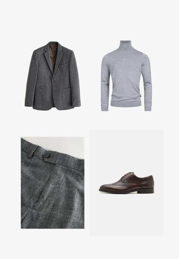 Ein-Knopf grauer Fischgrät-Wollblazer mit Stegkragen, drei Vordertaschen und dunkelbraunem Innenfutter.; Grauer Rollkragenpullover aus weichem Strickstoff. Mit langen Ärmeln und einer figurbetonten Passform, verfügt über gerippte Bündchen und Saum. Einfache, glatte Textur.; Grau gemusterte Hose aus strukturiertem Stoff, mit einem Knopfverschluss und einem dezenten Karodesign in verschiedenen Grautönen.; ALDO DONALD - Business-Schnürer - dark brown