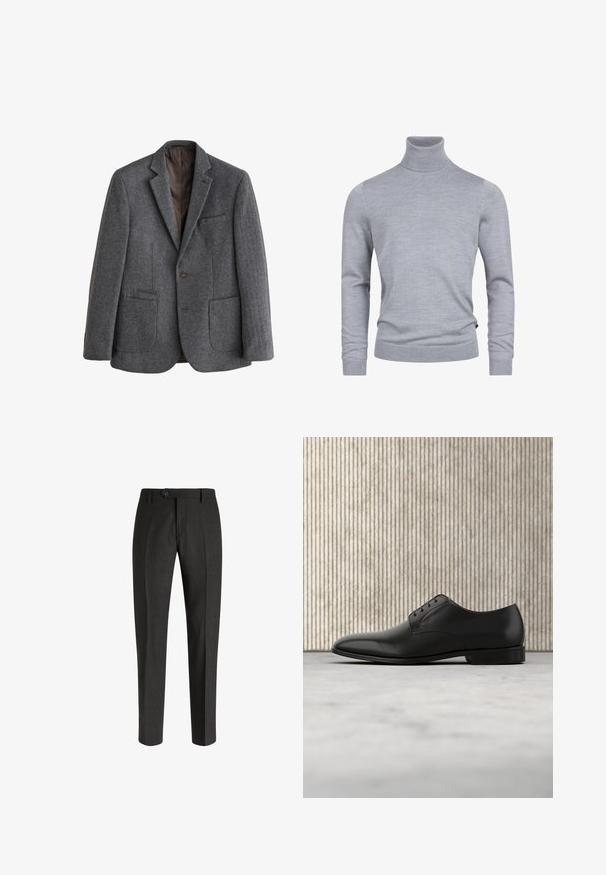 Ein-Knopf grauer Fischgrät-Wollblazer mit Stegkragen, drei Vordertaschen und dunkelbraunem Innenfutter.; Grauer Rollkragenpullover aus weichem Strickstoff. Mit langen Ärmeln und einer figurbetonten Passform, verfügt über gerippte Bündchen und Saum. Einfache, glatte Textur.; Boggi Milano Chino - charcoal; Schwarzer Lederschuh mit runder Zehenform, fünf Ösen Schnürdesign, glatte Oberfläche und niedrigem, flachem Absatz.