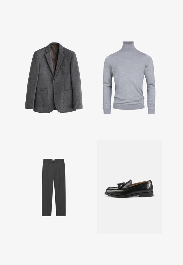 Blazer gris de lana con espiga, de un solo botón, con solapas con muesca, tres bolsillos delanteros y forro interior marrón oscuro.; Suéter gris de cuello tortuga hecho de un suave tejido de punto. Cuenta con mangas largas y un diseño ajustado con puños y dobladillo acanalados. Textura simple y suave.; Pantalones grises a medida con un sutil patrón de cuadro, tejido texturizado y pliegues delanteros, presentando una cinturilla con pasadores para cinturón.; Mocasines de cuero negro con un acento de borlas, punta redondeada y un acabado suave. La suela es plana con un patrón de relieve mínimo.