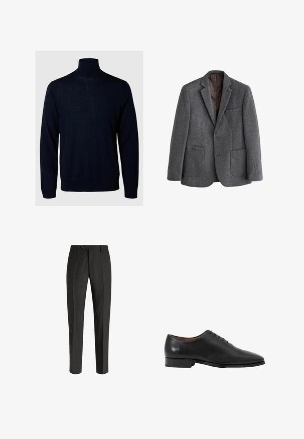 Ein-Knopf grauer Fischgrät-Wollblazer mit Stegkragen, drei Vordertaschen und dunkelbraunem Innenfutter.; Marineblauer Rollkragensweater, lange Ärmel, gerippte Bündchen und Saum, aus weichem Stoff mit glatter Textur und minimalistischem Design.; Boggi Milano Chino - charcoal; Schwarzer Lederoffizielle Herrenschuh Oxford mit geschlossenem Schnürfutter und niedrigem Absatz, seitlich auf weißem Hintergrund gezeigt.