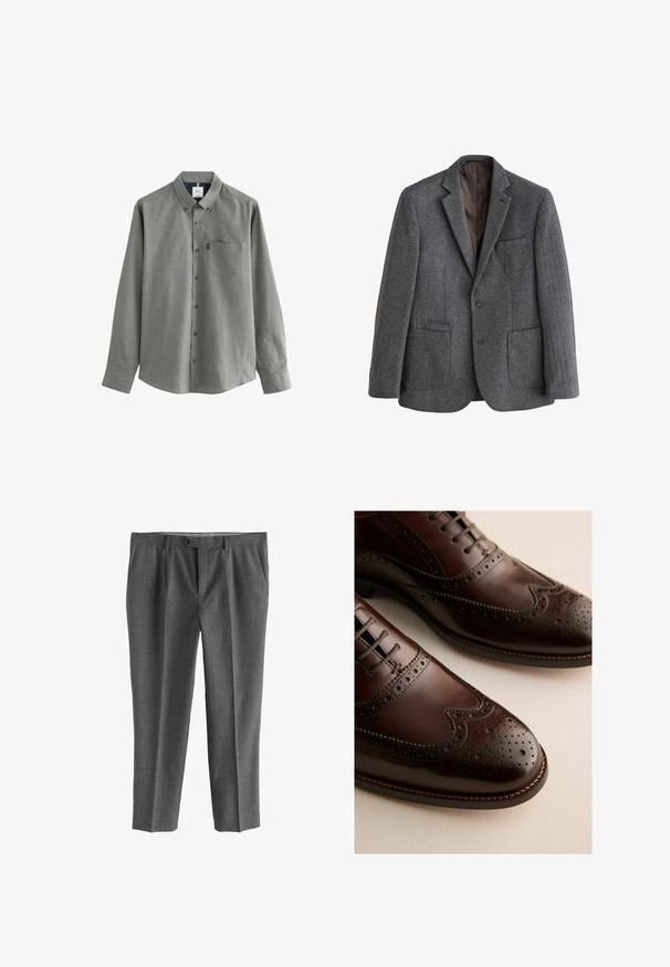 Blazer en laine à chevrons gris, à un bouton, avec revers à encoche, trois poches avant et doublure intérieure marron foncé.; Chemise grise pour homme à manches longues avec col boutonné et poche poitrine sur fond blanc.; Pantalon gris en tissu texturé, avec une coupe droite, poches avant et fermeture par bouton.; Paire de chaussures brogues en cuir marron foncé avec perforations décoratives et lacets sur une surface claire.