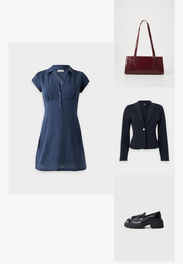 Blazer ajusté bleu marine à manches longues, revers crantés et fermeture avant à un seul bouton doré.; Robe bleu marine à manches courtes avec col, trois boutons sur le devant, taille cintrée et jupe légèrement évasée sur un fond uni.; Mocassins en cuir noir avec une semelle épaisse et dentelée, ornés d'un pompon décoratif à l'avant et d'une texture lisse et brillante.; Sac à main bordeaux en matériau brillant, de forme rectangulaire, avec deux anses et des accents légèrement courbés à l'avant.
