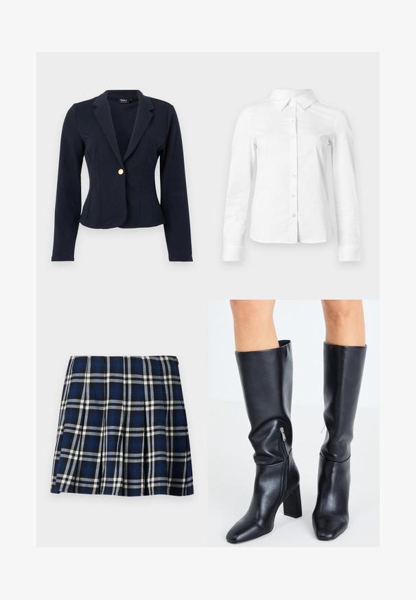 Blazer ajusté bleu marine à manches longues, revers crantés et fermeture avant à un seul bouton doré.; Chemise blanche à manches longues avec boutons, col pointu, ourlet droit et silhouette ajustée, présentée sur un fond clair uni.; Jupe mini à carreaux avec des couleurs marine, noire et blanche. Dotée de plis et d'une texture lisse. Fermeture éclair sur le côté.; Steve Madden SPEEDWAY - Bottes - black