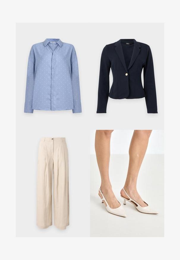 Blazer ajusté bleu marine à manches longues, revers crantés et fermeture avant à un seul bouton doré.; Chemise bleu clair à manches longues avec boutons, à pois blancs et col pointu, présentée sur un fond clair uni.; Pantalon beige taille haute à jambes larges avec des plis à l'avant, passants pour ceinture et fermeture par bouton.; Escarpins à talon slingback en cuir verni beige avec un bout pointu et un talon de 5 cm, présentant des côtés découpés et une fine bride à la cheville.