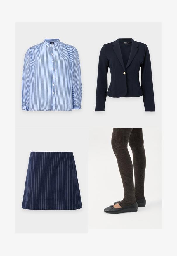 Marineblauer, taillierter Blazer mit langen Ärmeln, Revers mit Kerbe und einem einzelnen goldenen Knopfverschluss vorne.; Gestreifte Button-up-Bluse mit blauen und weißen vertikalen Streifen, Stehkragen, voluminösen langen Ärmeln und fünf vorderen Knöpfen. Strukturiert Stoff.; Marineblaue Rock mit dünnen weißen vertikalen Streifen und einem geraden, knielangen Schnitt, auf einem schlichten weißen Hintergrund präsentiert.; Beine in dunklen, gerippten Leggings kombiniert mit schwarzen Ballerinas mit kleinen Schleifendetails auf weißem Hintergrund.