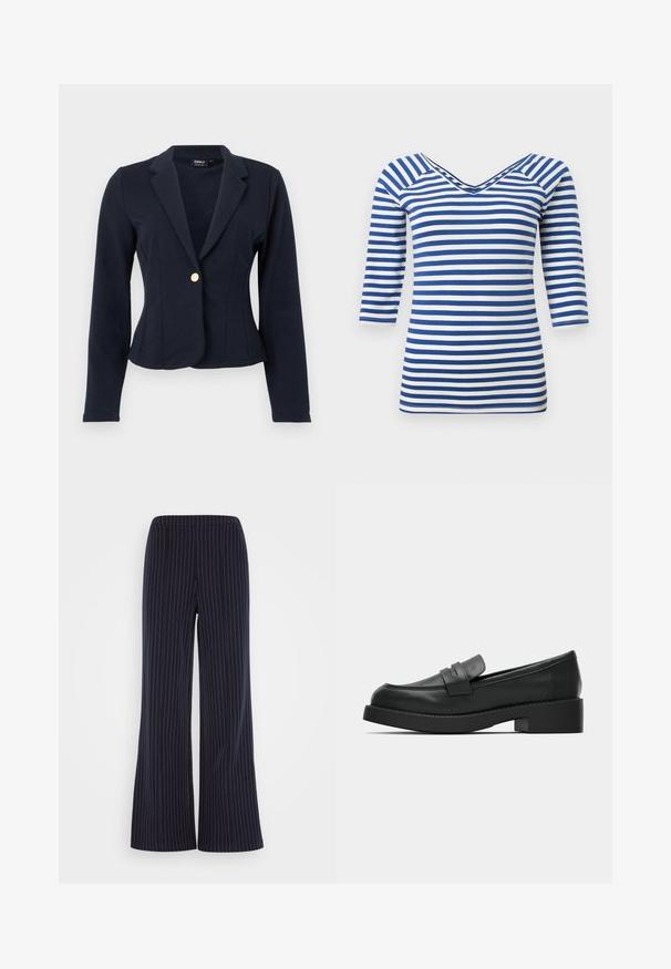 Blazer ajusté bleu marine à manches longues, revers crantés et fermeture avant à un seul bouton doré.; Chemise à manches longues rayée bleu et blanc avec col en V et coupe ajustée.; Pantalon large bleu marine avec des rayures verticales blanches, taille élastique et texture de tissu douce, offrant une coupe décontractée.; Mocassins en cuir noir à texture lisse, bout arrondi et petit talon bloc. Ils comportent une bride sur le dessus pour un détail supplémentaire.