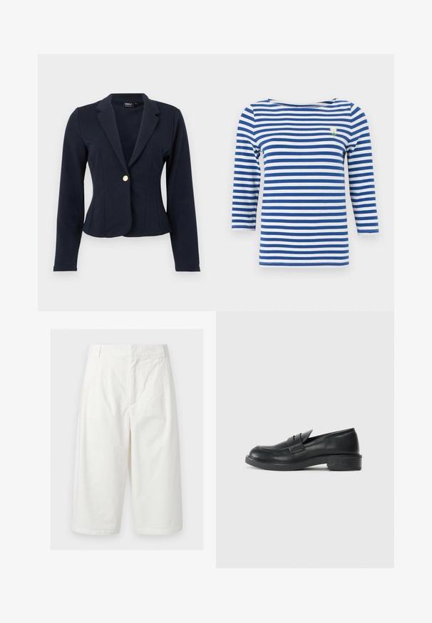 Blazer ajusté bleu marine à manches longues, revers crantés et fermeture avant à un seul bouton doré.; Chemise à manches longues rayée horizontale bleu et blanc avec une petite marguerite blanche brodée sur le côté gauche de la poitrine.; Pantalon blanc à jambes larges et raccourci avec passants pour ceinture, fermeture éclair à l'avant et poches latérales sur un fond uni.; Mocassins en cuir noir avec un bout arrondi, des détails cousus et un petit talon. Texture lisse et semelle en caoutchouc flexible.