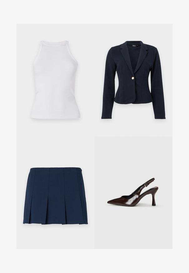Marineblå figursyet blazer med lange ærmer, notch revers og en enkelt guldknaplukning foran.; Hvid ribbet top med en tætsiddende design, rund halsudskæring og uden ærmer. Fremstillet af strækbart stof for komfort og bevægelsesfrihed.; Mørkeblå, plisseret mini nederdel med en lige talje, lavet af et glat stof. Har lodrette syninger langs plisseringerne.; Brune patenterede læderslingback-sandaletter med spids tå, en tynd hæl og justerbar rem med en lille spænde.