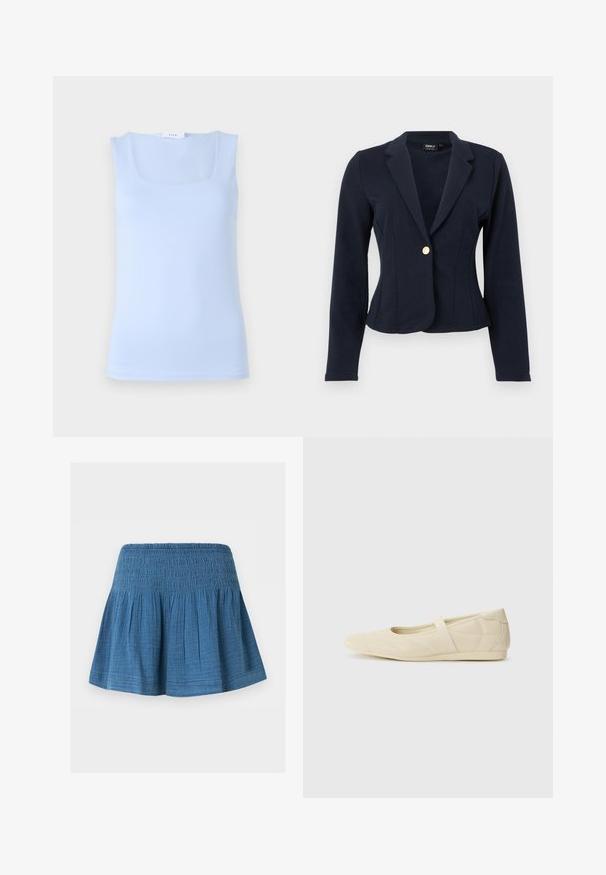Blazer entallado azul marino con mangas largas, solapas con muesca y un cierre frontal con un solo botón dorado.; Top sin mangas de color azul claro con un escote cuadrado, hecho de una tela suave, que presenta un diseño ajustado y una silueta minimalista.; Falda azul hasta la rodilla con cintura fruncida y tela recogida para una silueta acampanada, mostrada sobre un fondo blanco liso.; Bailarinas beige con un exterior de cuero liso, punta en forma de almendra y una correa elástica en el empeine, con detalles de costura sutiles.