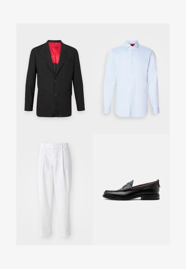 Blazer noir en tissu léger, avec une doublure en satin rouge, deux boutons à l'avant et deux poches latérales avec une poche poitrine.; Chemise à manches longues, bleu clair, avec un col évasé, un ourlet arrondi et des boutons blancs. Tissu lisse avec un éclat subtil.; Pantalons plissés blancs à taille haute et longueur cropped, avec une texture lisse et des lignes épurées. Pas de matériel visible ni de motifs.; Mocassin homme en cuir noir avec couture moc toe, bride penny, col texturé et petit talon empilé sur fond blanc.