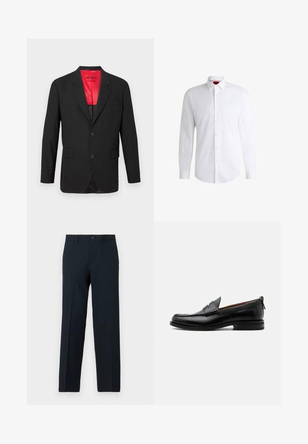 Schwarzer Blazer aus leichtem Stoff, mit rotem Satinfutter, zwei vorderen Knöpfen und zwei Seitentaschen sowie einer einzelnen Brusttasche.; Weißes Herrenhemd aus glattem Stoff mit klassischem Kragen, langen Ärmeln und abgerundetem Saum. Mit eleganten beigen Knöpfen an der Vorderseite.; Schwarze Slim-Fit-Hose mit Knopf- und Reißverschluss, Gürtelschlaufen und geradem Bein.; Schwarzer Leder-Herrenschuh mit Mokassinnaht, Penny-Riemen, strukturiertem Kragen und niedrigem gestapeltem Absatz auf weißem Hintergrund.