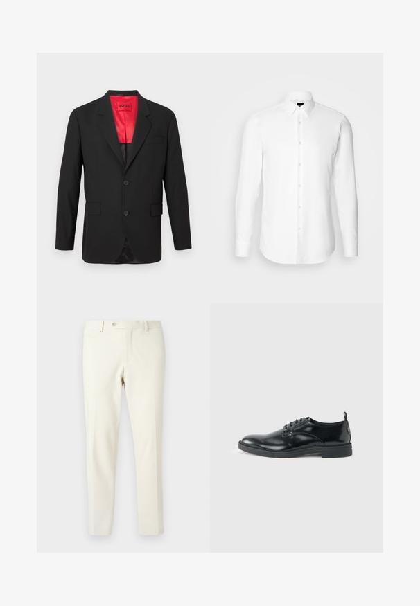 Blazer noir en tissu léger, avec une doublure en satin rouge, deux boutons à l'avant et deux poches latérales avec une poche poitrine.; Chemise blanche à manches longues, boutonnée sur le devant, col classique, fabriquée en tissu lisse avec une texture subtile, conçue pour une coupe ajustée.; Pantalon beige clair en tissu lisse. Il présente une fermeture éclair à l'avant, un bouton de fermeture et des poches latérales inclinées avec une coupe slim.; Chaussure habillée en cuir noir brillant avec un petit talon, fermeture à lacets et bout rond, vue de côté sur un fond uni et clair.