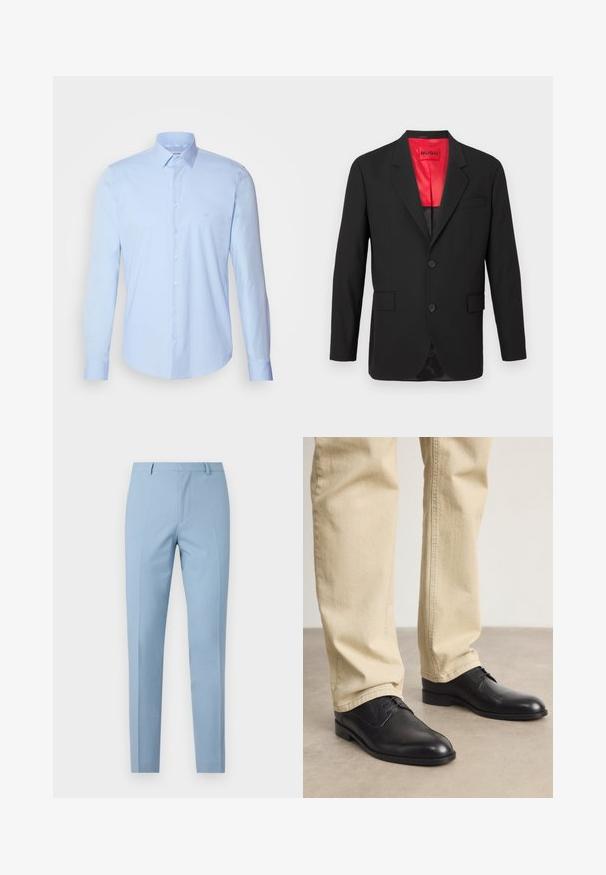 Blazer noir en tissu léger, avec une doublure en satin rouge, deux boutons à l'avant et deux poches latérales avec une poche poitrine.; Chemise boutonnée bleu clair en coton, avec un col classique, des manches longues et un petit logo sur la poitrine. Texture lisse.; Pantalon ajusté bleu clair avec une coupe slim, texture lisse, pli devant, taille cintrée et passants de ceinture. Pas de poches visibles.; Chaussures noires en cuir à lacets avec un bout arrondi, finition lisse et détails de couture subtils, portées avec un pantalon beige clair.