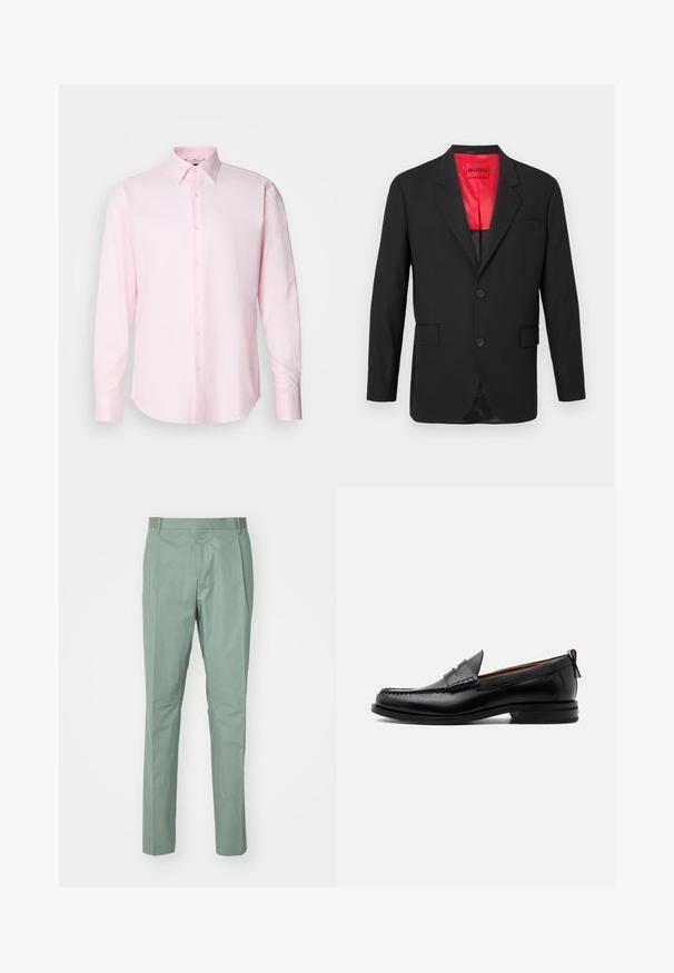 Blazer noir en tissu léger, avec une doublure en satin rouge, deux boutons à l'avant et deux poches latérales avec une poche poitrine.; Chemise à manches longues rose clair en tissu texturé, dotée d'un col standard et d'une fermeture à boutons sur le devant.; Pantalons vert clair à coupe droite, avec une taille plate, deux poches latérales et une texture de tissu lisse. Pas de motifs ni de matériel visible.; Mocassin homme en cuir noir avec couture moc toe, bride penny, col texturé et petit talon empilé sur fond blanc.