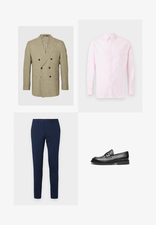 Blazer beige à double boutonnage en tissu texturé, avec des revers crantés, des boutons noirs et deux poches latérales.; Chemise rose clair à manches longues avec col à boutons, boutons sur le devant et petit logo vert sur la poitrine, en tissu de coton.; Pantalon habillé bleu marine à coupe droite, confectionné dans un tissu lisse. Il est doté d'une fermeture frontale par bouton et de deux poches latérales.; Des mocassins en cuir noir présentent un bout arrondi, une couture sur le dessus et une semelle en caoutchouc plate et basse. Texture lisse sans motifs visibles.