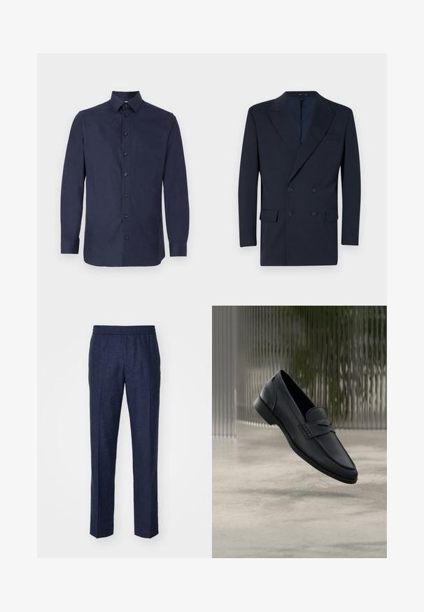 Marineblauwe dubbel-breasted blazer van soepel materiaal, met gesneden revers, twee voorzakken en een sluiting met twee knopen.; Donkerblauw overhemd met knopen, gemaakt van gladde stof, met een klassieke kraag, lange mouwen en zeven zwarte knopen aan de voorkant.; Marineblauwe linnen broek met een elastische tailleband, rechte pijpen en geen zichtbare patronen of hardwaredetails. Gladde textuur.; Zwarte leren loafer met een gladde afwerking, puntige neus en gestikte details over de wreef. Lage hak en minimalistisch ontwerp.