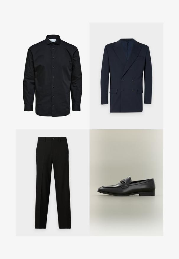 Blazer azul marino de corte cruzado, hecho de tejido suave, con solapas puntiagudas, dos bolsillos frontales y cierre de dos botones.; Camisa de hombre negra de manga larga con botones delanteros y cuello clásico, hecha de tela lisa.; Pantalones negros de tejido suave, con un corte recto, cierre de botón en la cintura y sin patrones ni detalles visibles.; Mocasín de cuero negro para hombre con tacón bajo y detalle de hebilla metálica en la parte superior, mostrado de perfil sobre un fondo neutro.