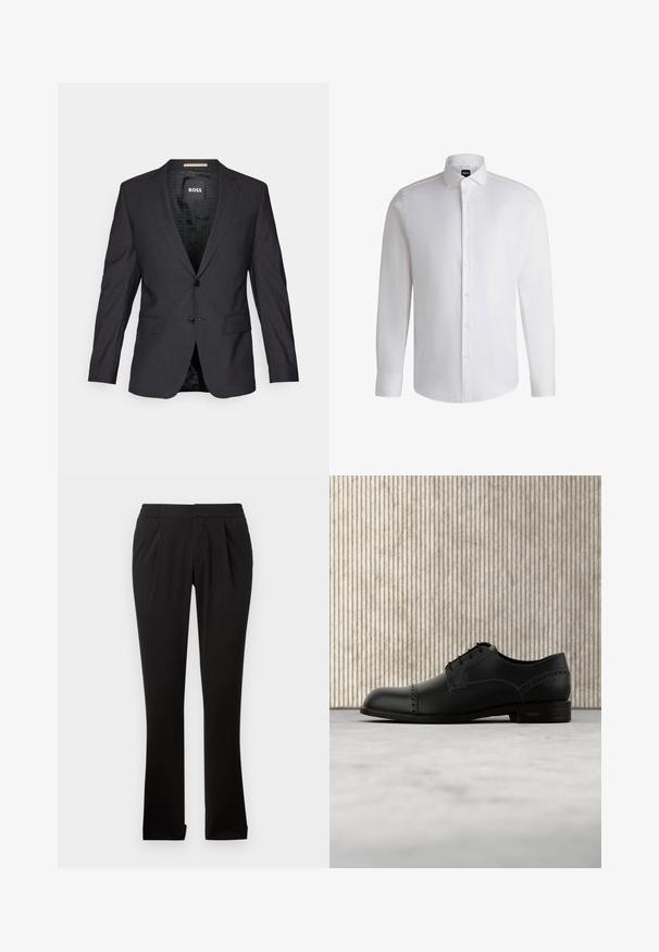 Mørkegrå blazer lavet af glat stof. Har en spids krave, to frontlommer, enkelt knaplukning og et mønstret indre for.; Hvid langærmet skjorte lavet af glat bomuld, med klassisk krave, fuld knaplukning og knapmanchetter. Minimalistisk design.; Sorte bukser lavet af glat stof med elastisk talje, lige ben, frontfolder og opretstående sømme. Enkel og alsidig design.; Sort lædersko med glat finish, rund tå og dekorative perforeringer. Har fem snørehuller og en flad sål.
