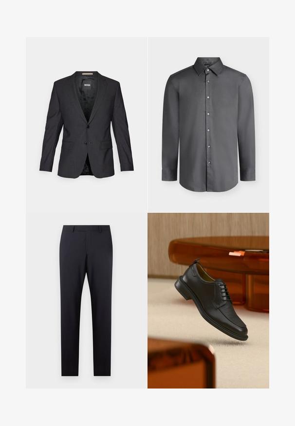 Donkergrijze blazer van gladde stof. Heeft een notched lapel, twee voorkruiken, een enkele knoopsluiting en een gemusterde binnenvoering.; Donkergrijs herenoverhemd met lange mouwen, puntkraag en knopen aan de voorkant, afgebeeld op een lichtgrijze achtergrond.; Donkerblauwe op maat gemaakte broek met een vlakke front, slim fit, zijzakken en een gladde textuur; geen zichtbare patronen of versieringen.; Zwarte leren veterschoen in de stijl van een nette schoen met een gestructureerd vooraanzicht, zwevend boven een beige tapijt in een moderne kamer met amberkleurige meubelen.